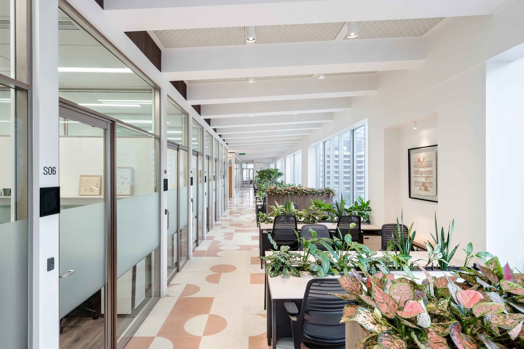 Modern fixed desk in office space